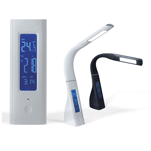 Lamp. mesa dimerizable c/reloj alarma y usb led 9W negro